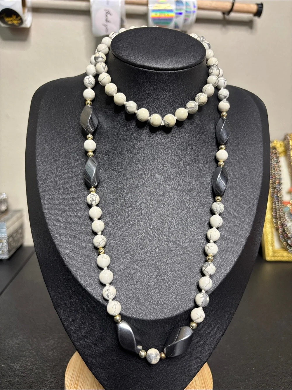 Howlite Stone Hematite Beaded Necklace White and Gray Boho Southwestern